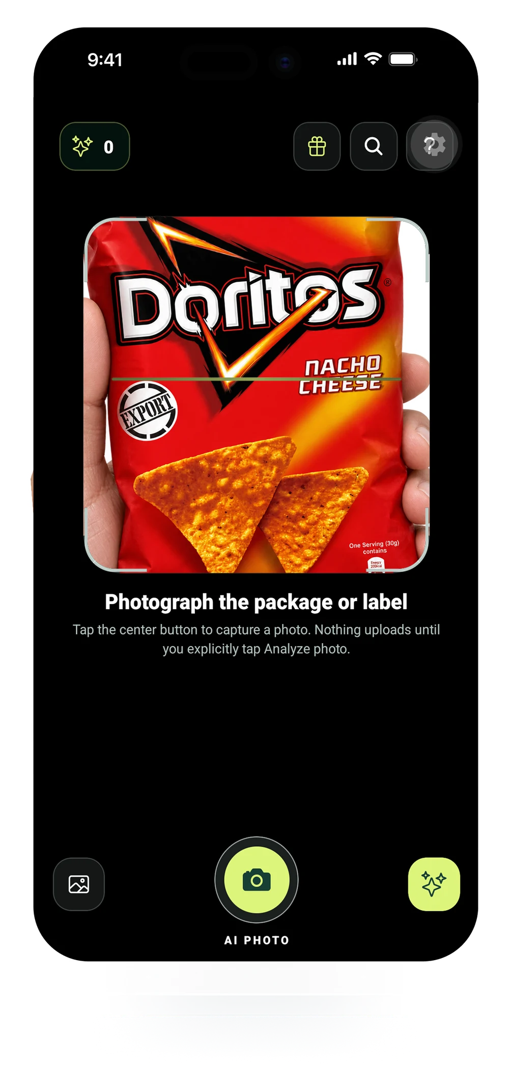 JFS AI Photo Scan camera aimed at a packaged snack