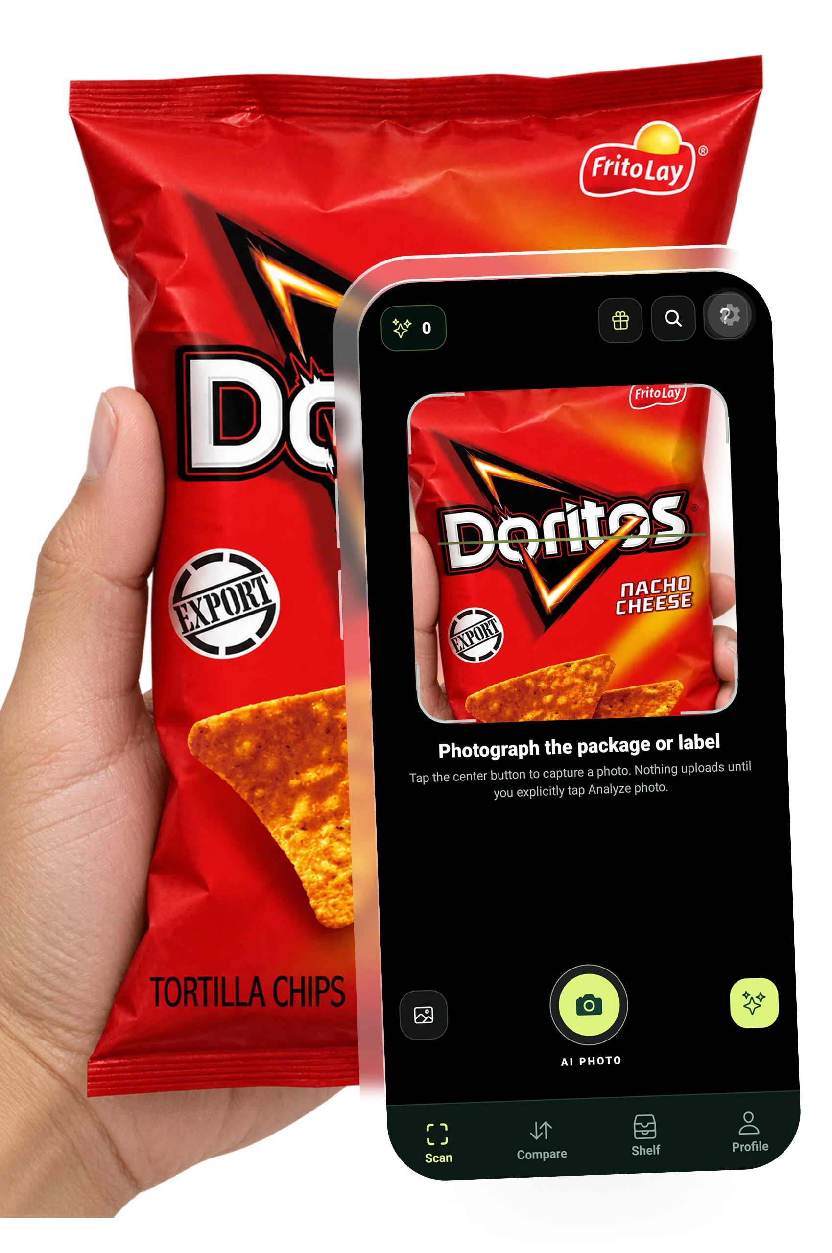 Doritos package held beside the Junk Food Scan AI Photo camera screen