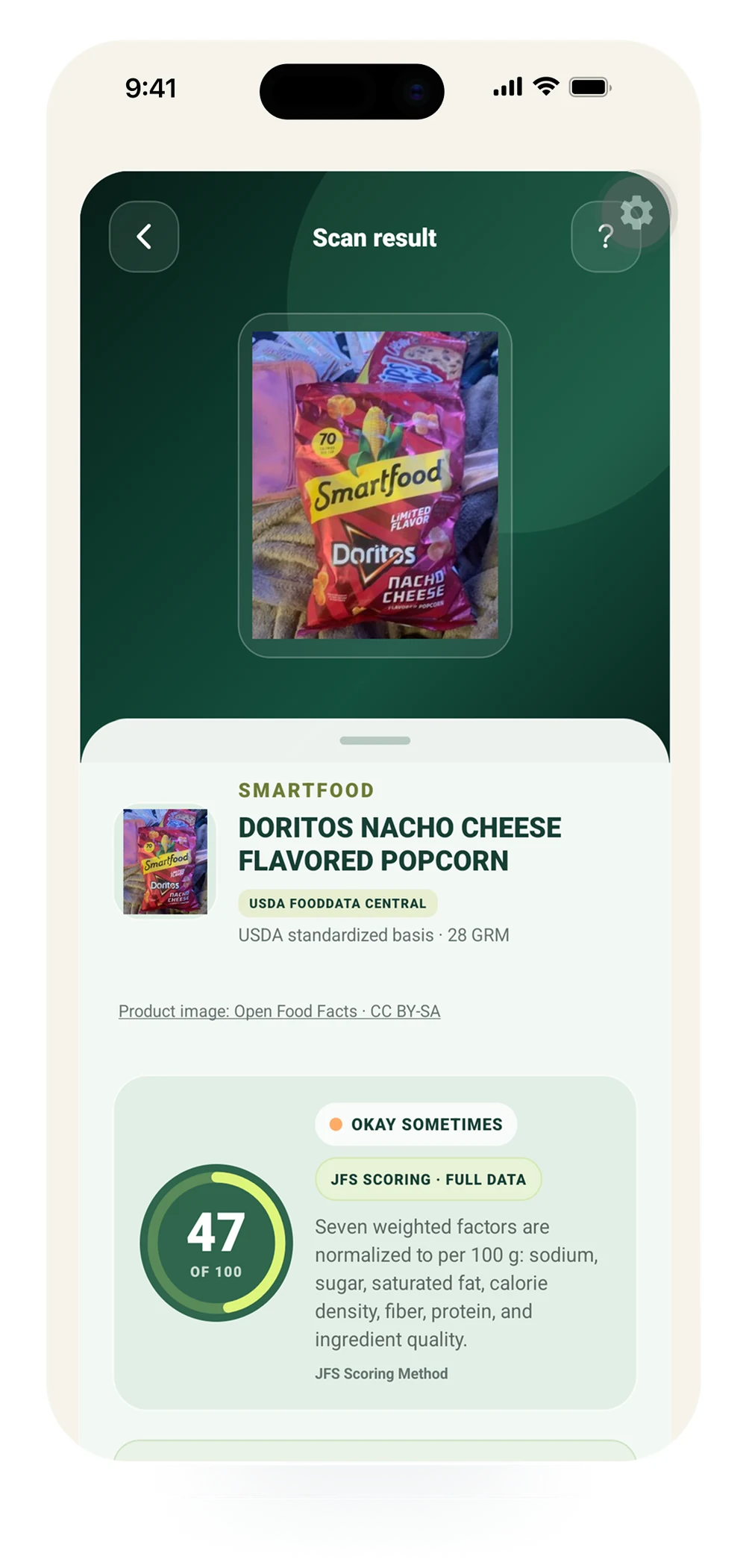JFS AI Photo Scan product result with a visible rating