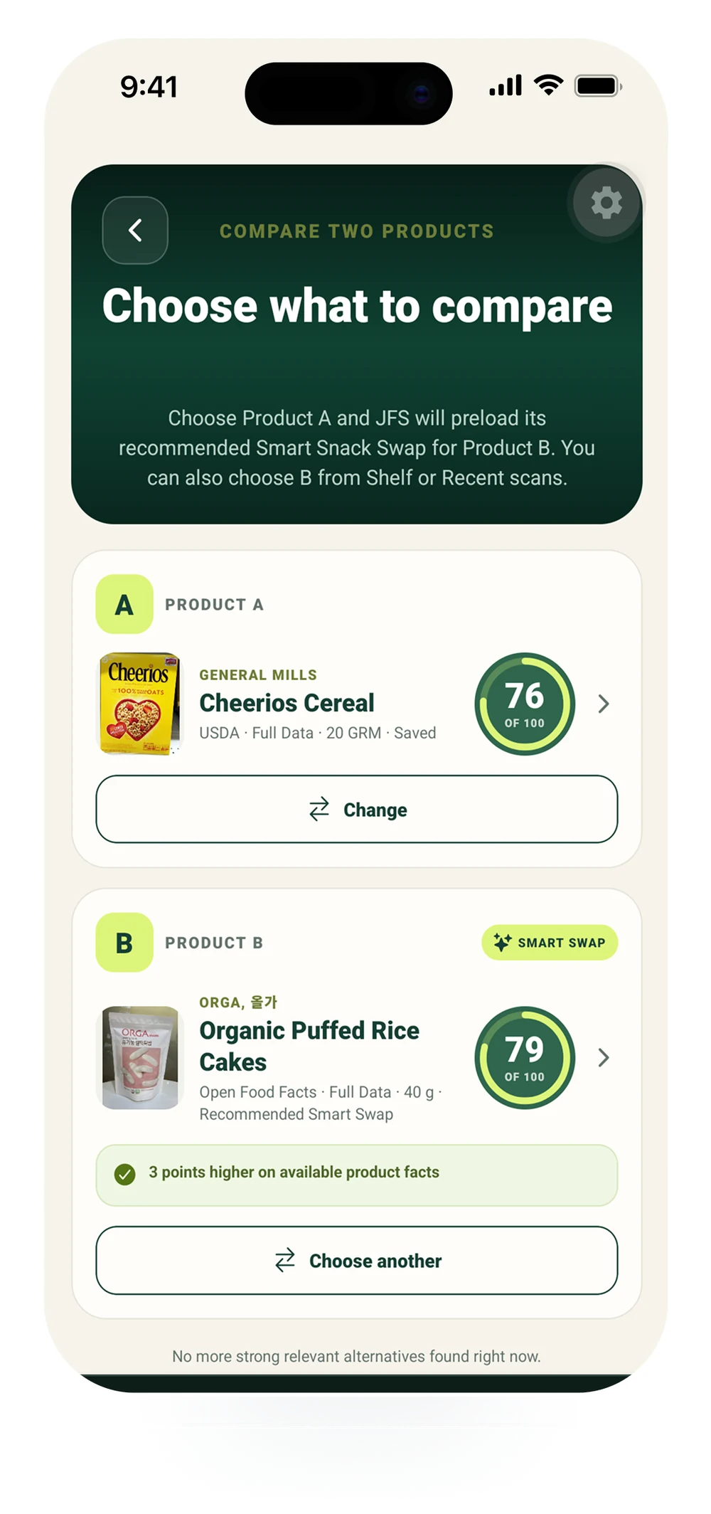JFS Compare screen showing two products side by side