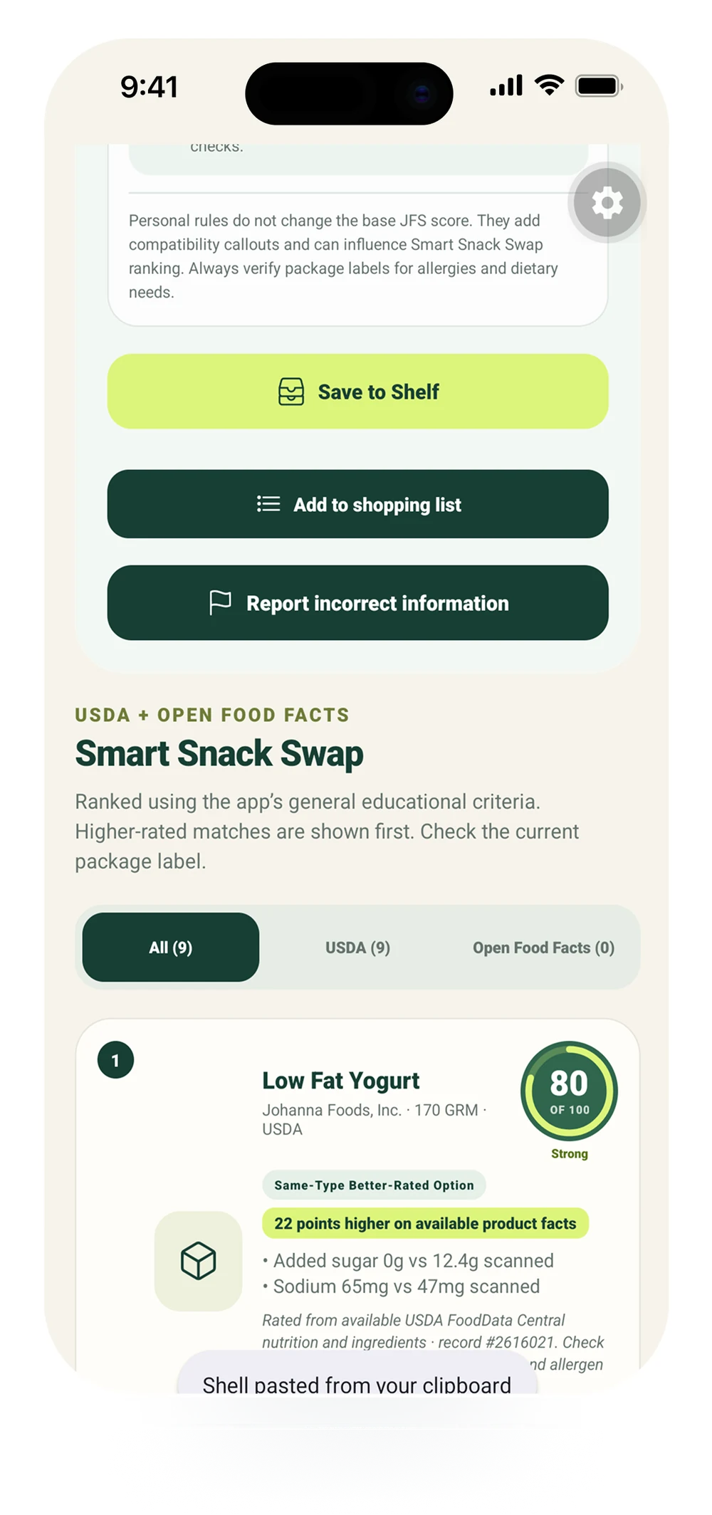 JFS product actions with save and Smart Snack Swap