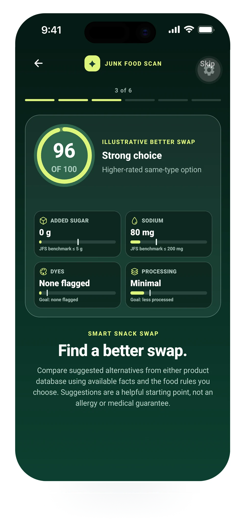 JFS rating screen showing a 96 out of 100 Strong choice rating