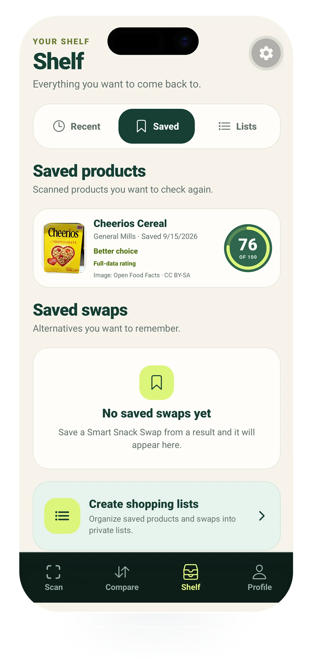 JFS Shelf screen with saved products, swaps, and shopping list