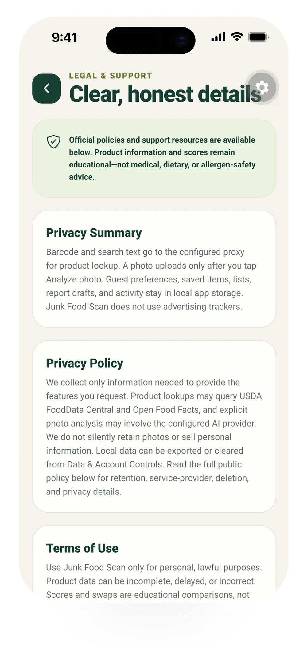 JFS privacy, legal, and support screen